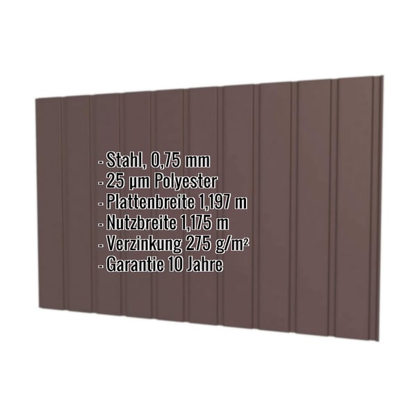 Trapezblech T7M Wand Schokoladenbraun mit eingeblendeten Eckdaten zu Material, Staerke und Beschichtung