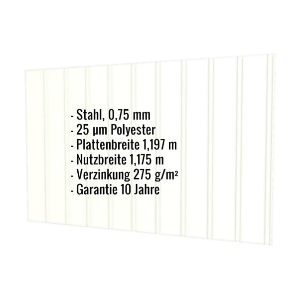 Trapezblech T7M Wand Grauweiß RAL 9002, 0,75 mm, mit eingeblendeten Eckdaten zu Material und Maßen