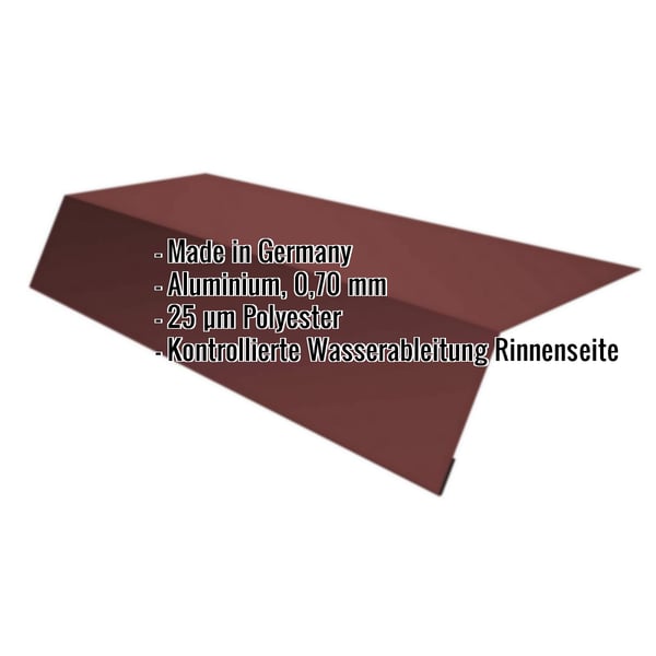 Traufenblech Aluminium 0,70 mm Rotbraun mit eingeblendeten Eckdaten zu Material und Wasserableitung