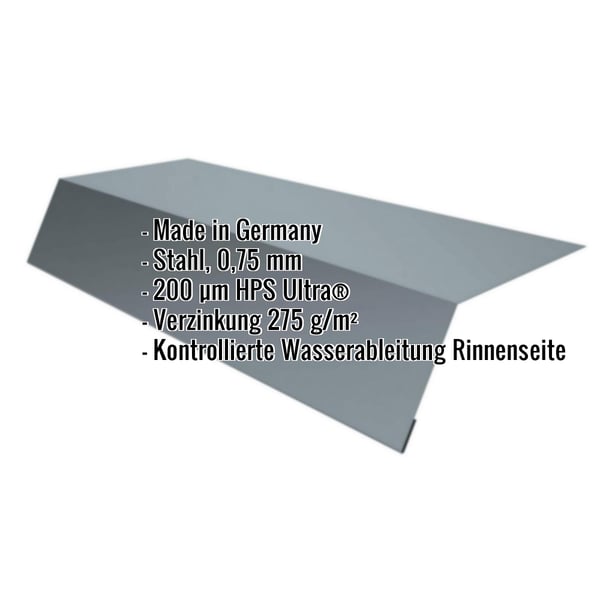 Traufenblech aus Stahl, Fenstergrau RAL 7040, mit eingeblendeten Eckdaten zu Material und Beschichtung