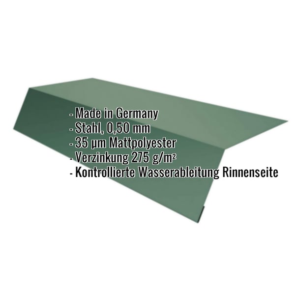 Traufenblech Stahl 0,50 mm Moosgrün mit Mattpolyester-Beschichtung und eingeblendeten Eckdaten
