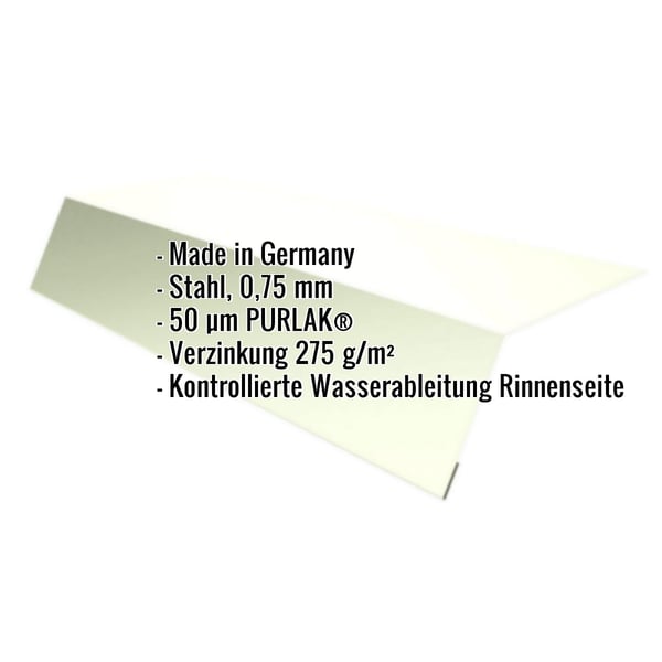 Traufenblech Grauweiß RAL 9002, 0,75 mm Stahl, 50 µm PURLAK, mit eingeblendeten Eckdaten
