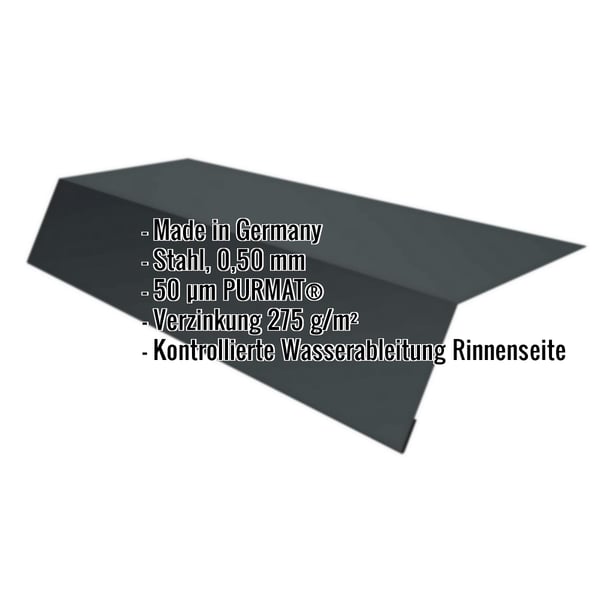 Traufenblech Anthrazitgrau, 0,50 mm Stahl, mit PURMAT® Beschichtung und eingeblendeten Eckdaten