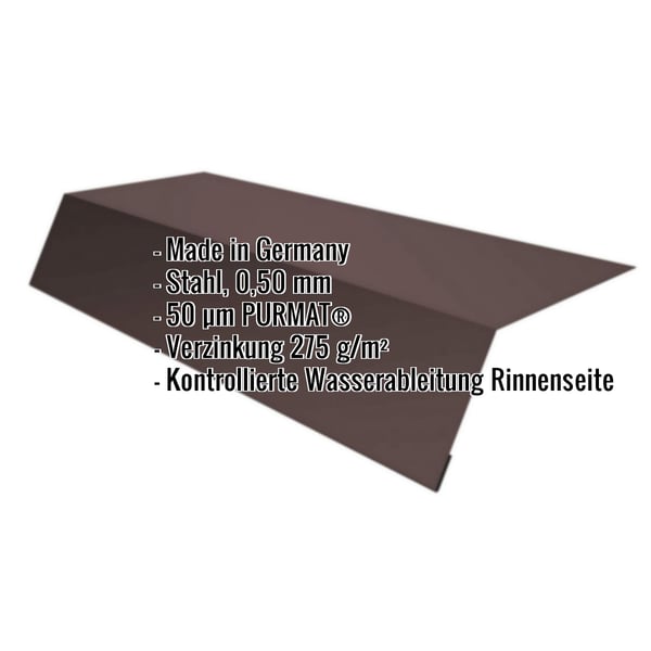 Traufenblech Schokoladenbraun RAL 8017 mit PURMAT® Beschichtung und eingeblendeten Produktdaten