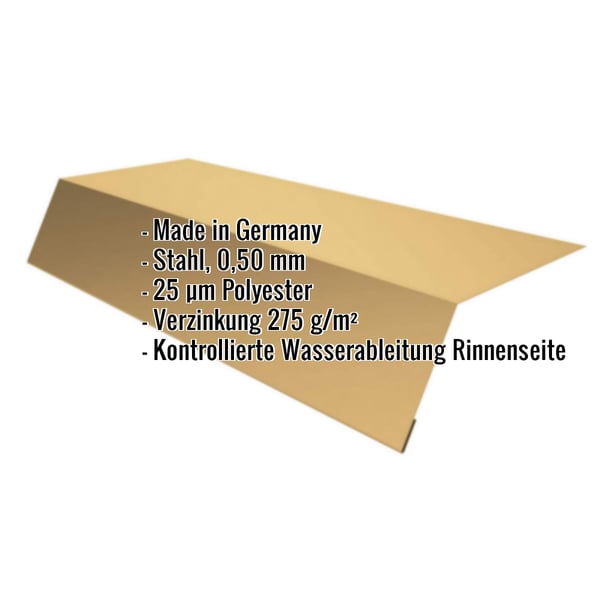 Traufenblech Sandgelb RAL 1002 mit Produktmerkmalen eingeblendet, Stahl 0,50 mm, 25 µm Polyester