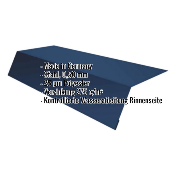 Traufenblech Enzianblau RAL 5010 aus Stahl 0,50 mm mit Polyesterbeschichtung und eingeblendeten Eckdaten