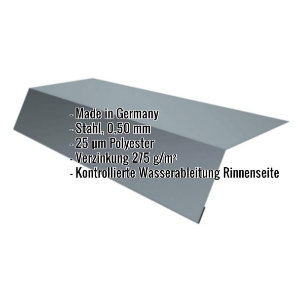 Traufenblech Fehgrau RAL 7000 aus Stahl 0,50 mm mit 25 µm Polyesterbeschichtung und eingeblendeten Eckdaten