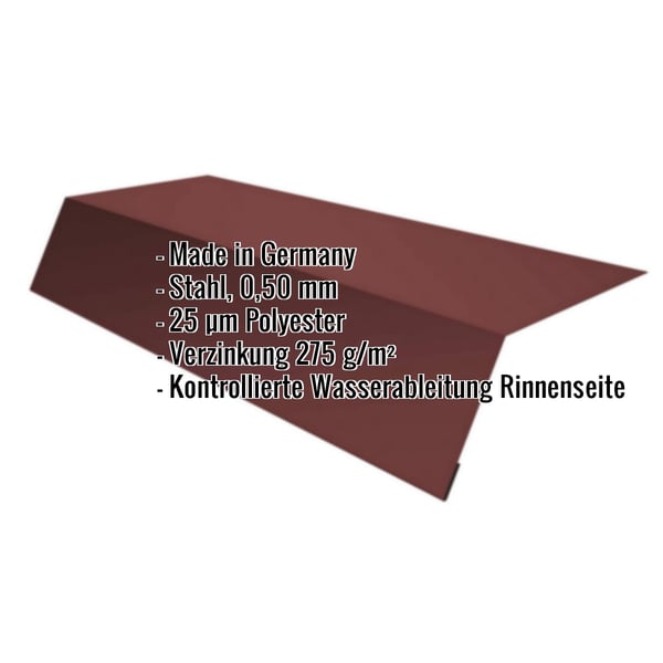 Traufenblech Stahl 0,50 mm Rotbraun RAL 8012 mit Polyesterbeschichtung und eingeblendeten Eckdaten