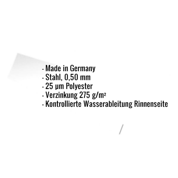 Infografik mit Eckdaten: Made in Germany, Stahl 0,50 mm, 25 µm Polyester, Verzinkung 275 g/m², kontrollierte Wasserableitung