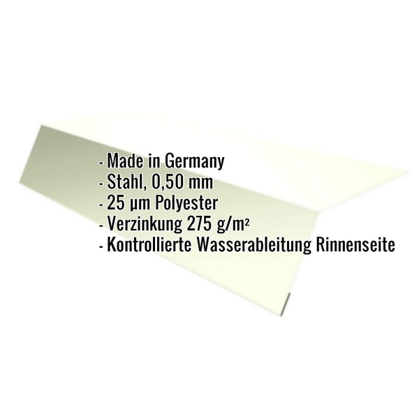 Traufenblech Grauweiß RAL 9002 aus Stahl 0,50 mm, mit eingeblendeten Eckdaten zu Material und Beschichtung