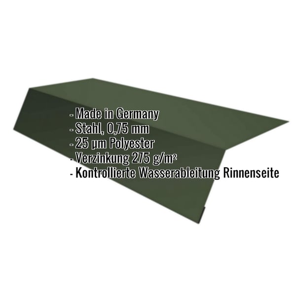 Traufenblech Chromoxidgrün RAL 6020 aus 0,75 mm Stahl mit Polyesterbeschichtung, Eckdaten eingeblendet