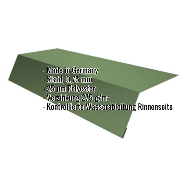 Traufenblech Resedagrün RAL 6011 aus Stahl 0,75 mm mit Polyesterbeschichtung, Eckdaten eingeblendet
