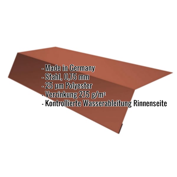 Traufenblech Kupferbraun RAL 8004 aus Stahl 0,75 mm mit Polyesterbeschichtung, Eckdaten eingeblendet