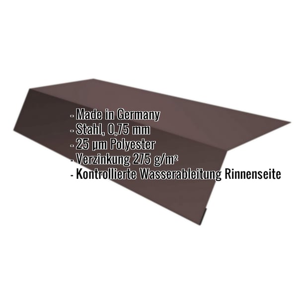 Traufenblech schokoladenbraun RAL 8017 mit Polyesterbeschichtung, Eckdaten eingeblendet