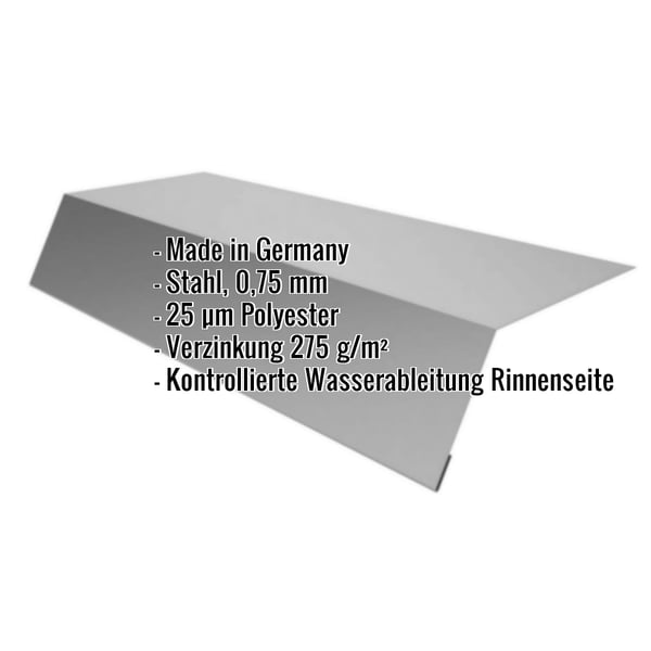 Traufenblech Stahl 0,75 mm Weißaluminium RAL 9006, mit eingeblendeten Eckdaten