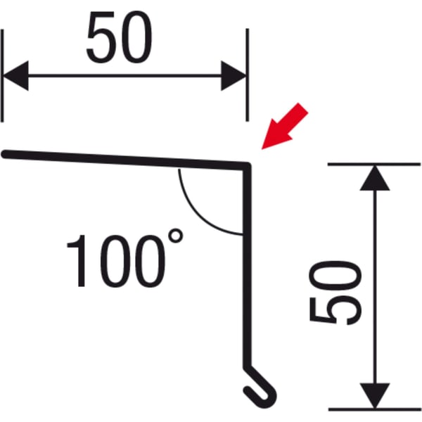 Technische Zeichnung Traufenblech mit Massen 50x50 mm und Winkel 100 Grad