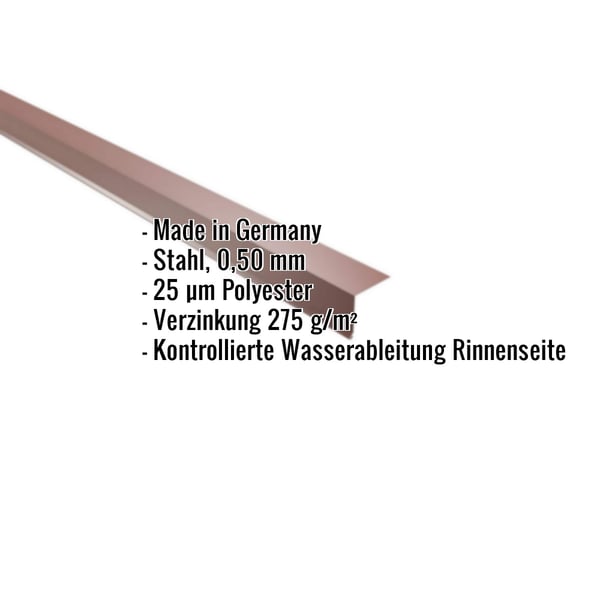 Traufenblech Stahl 0,50 mm Rotbraun RAL 8012 mit Polyesterbeschichtung und eingeblendeten Eckdaten