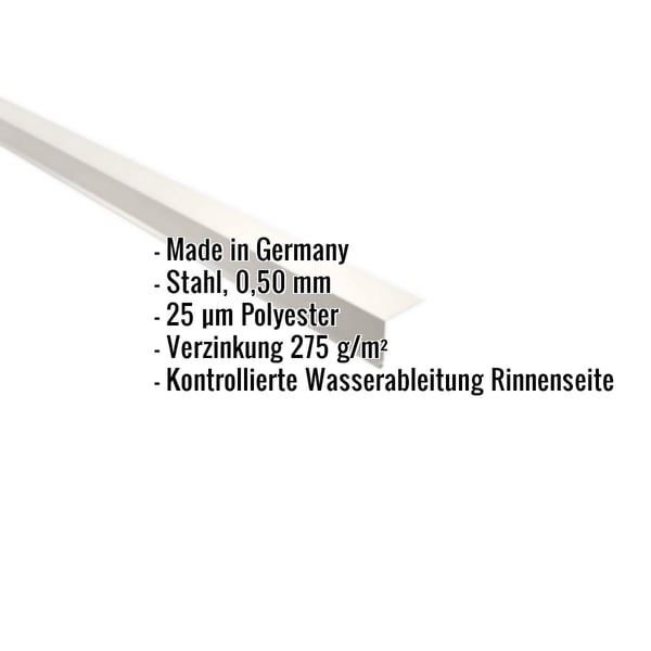 Traufenblech aus Stahl, 0,50 mm, Reinweiß RAL 9010, mit eingeblendeten Eckdaten