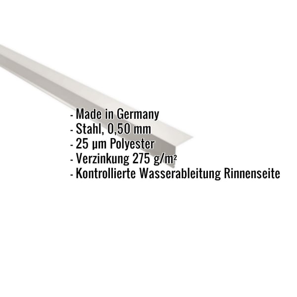 Traufenblech Grauweiß RAL 9002 mit eingeblendeten Eckdaten wie Material Stahl 0,50 mm und 25 µm Polyesterbeschichtung
