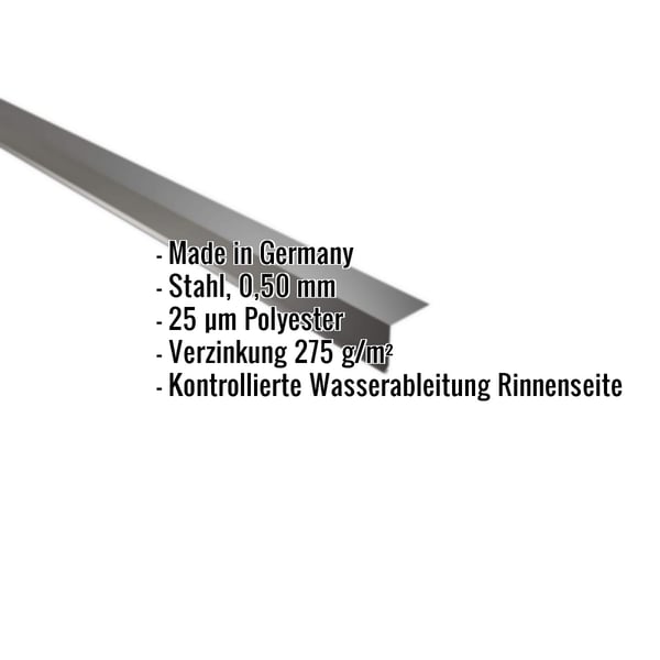 Traufenblech Tiefschwarz RAL 9005, 0,50 mm Stahl, 25 µm Polyester, mit Eckdaten-Einblendung