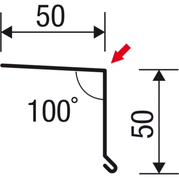 Technische Zeichnung des Traufenblechs mit Massen 50x50 mm und 100 Grad Winkel
