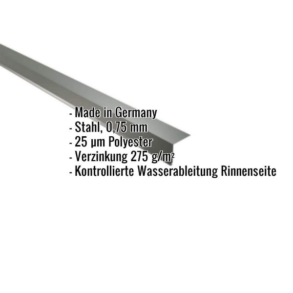 Traufenblech Stahl Chromoxidgrün, 0,75 mm, 25 µm Polyester, mit eingeblendeten Eckdaten