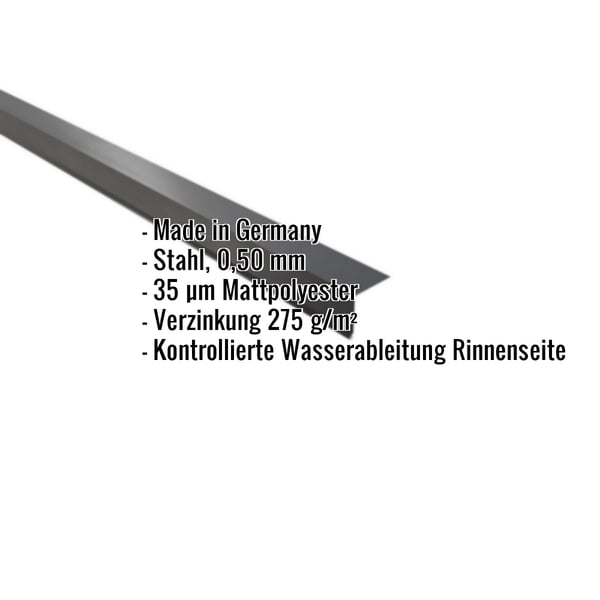 Traufenblech Stahl 0,50 mm dunkelgrau, schraeg von oben mit eingeblendeten Eckdaten