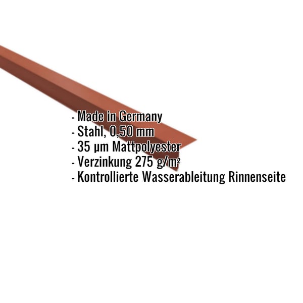 Traufenblech Ziegelrot 0,50 mm, Stahl, 35 µm Mattpolyester, mit eingeblendeten Eckdaten