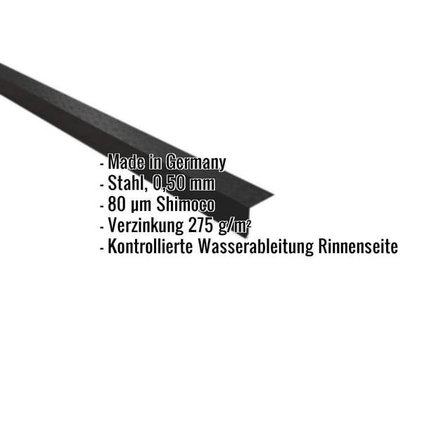 Traufenblech Tiefschwarz, Stahl 0,50 mm, 80 µm Shimoco Beschichtung, mit eingeblendeten Eckdaten