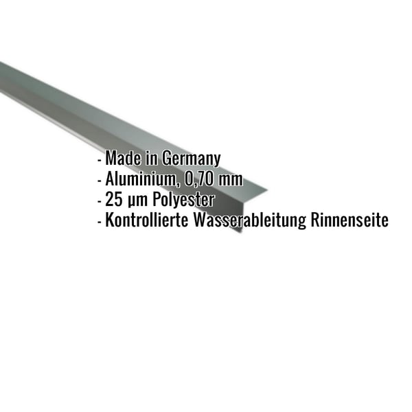 Traufenblech Aluminium Moosgrün, 0,70 mm, mit eingeblendeten Eckdaten zu Material und Beschichtung