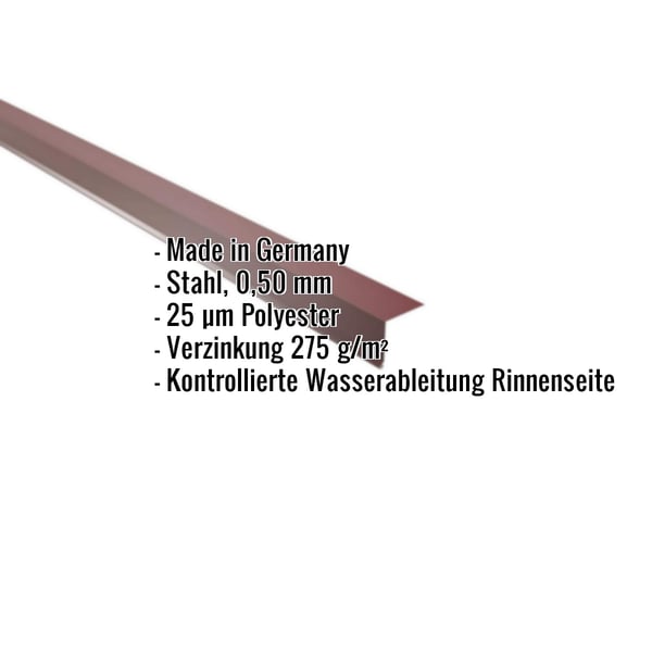 Traufenblech weinrot, 0,50 mm Stahl, mit eingeblendeten Produktdetails wie Material und Beschichtung, Infografik