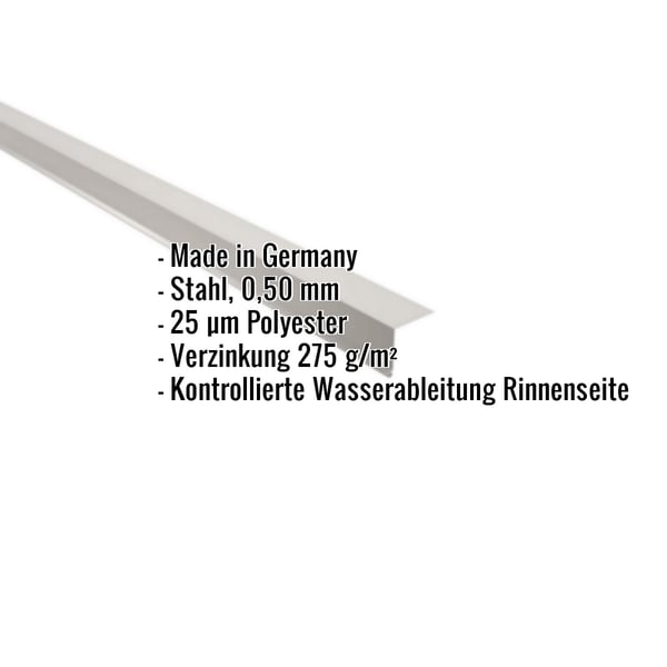 Traufenblech Lichtgrau RAL 7035, 0,50 mm Stahl, mit eingeblendeten Eckdaten