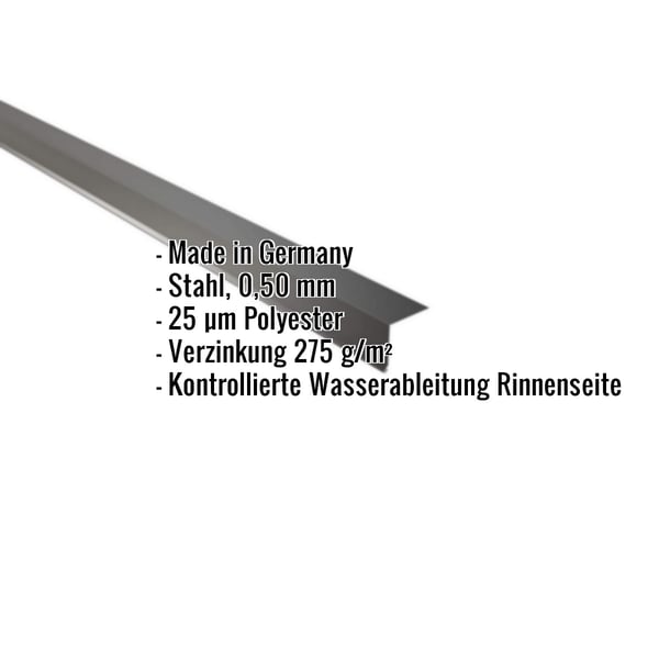 Traufenblech Tiefschwarz RAL 9005, 0,50 mm Stahl, mit eingeblendeten Produktmerkmalen