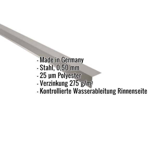 Traufenblech Graualuminium 0,50 mm, Stahl, mit eingeblendeten Eckdaten zu Material und Beschichtung