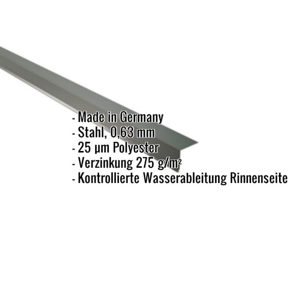 Traufenblech Stahl 0,63 mm Chromoxidgrün mit Polyesterbeschichtung, Eckdaten eingeblendet