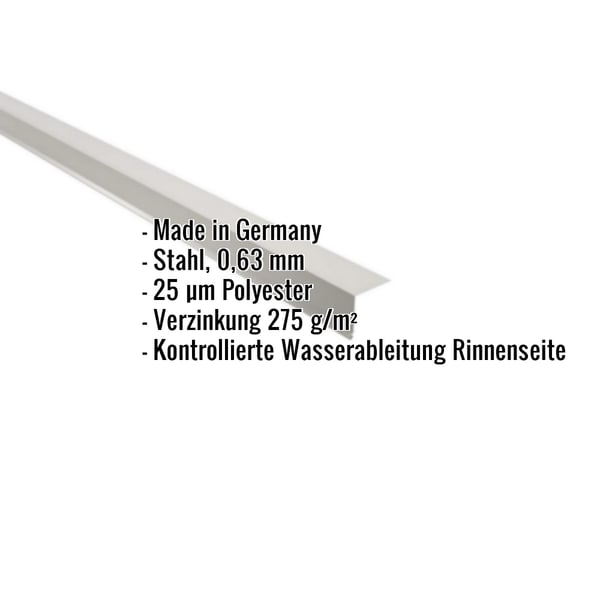 Traufenblech Weißaluminium 0,63 mm mit eingeblendeten Eckdaten zu Material, Beschichtung und Funktion
