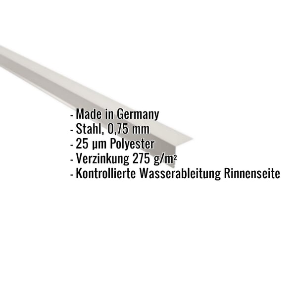 Traufenblech Grauweiß RAL 9002 aus Stahl 0,75 mm, 25 µm Polyesterbeschichtung, mit Eckdaten-Einblendung