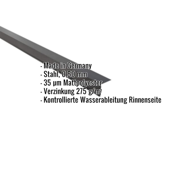 Traufenblech Stahl 0,50 mm dunkelgrau, Mattpolyester, mit eingeblendeten Eckdaten