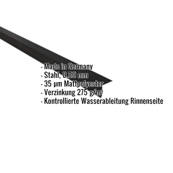 Traufenblech Stahl 0,50 mm Schwarz mit 35 µm Mattpolyester-Beschichtung und eingeblendeten Eckdaten