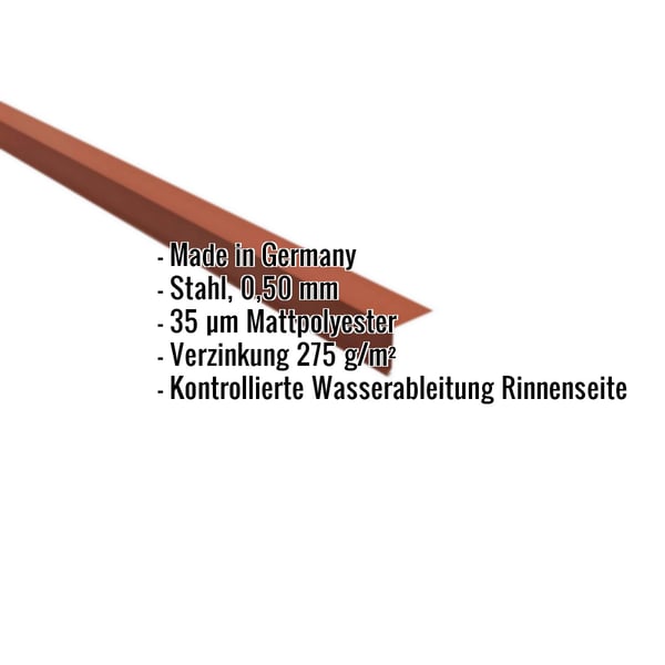 Traufenblech Ziegelrot, 0,50 mm Stahl, 35 µm Mattpolyester, mit eingeblendeten Eckdaten