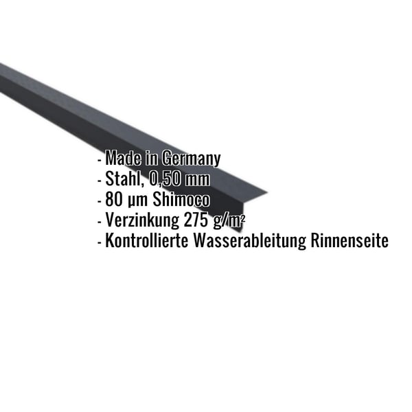 Traufenblech Anthrazitgrau (RAL 7016) mit 80 µm Shimoco Beschichtung und eingeblendeten Eckdaten