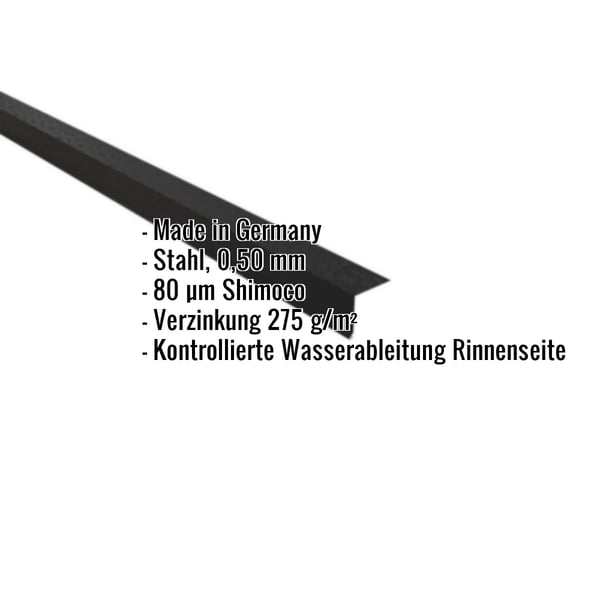 Traufenblech Tiefschwarz RAL 9005, 0,50 mm Stahl, 80 µm Shimoco Beschichtung, Eckdaten eingeblendet