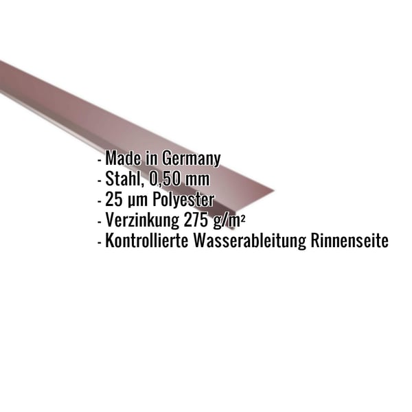 Traufenblech Weinrot RAL 3005 mit eingeblendeten Eckdaten zu Material, Staerke und Beschichtung