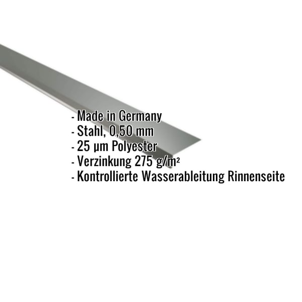 Traufenblech Stahl Chromoxidgrün 0,50 mm mit eingeblendeten Eckdaten zu Material und Beschichtung