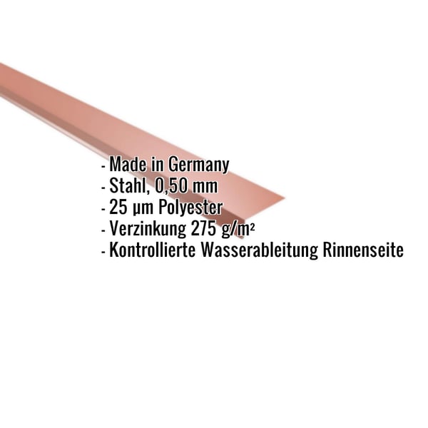 Traufenblech Kupferbraun RAL 8004, 0,50 mm Stahl, 25 µm Polyester, mit eingeblendeten Eckdaten