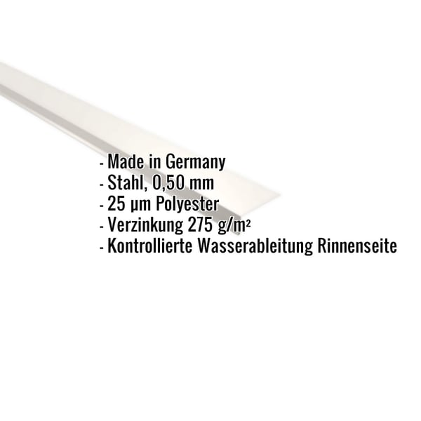 Traufenblech aus Stahl, 0,50 mm, Reinweiß RAL 9010, mit eingeblendeten Eckdaten