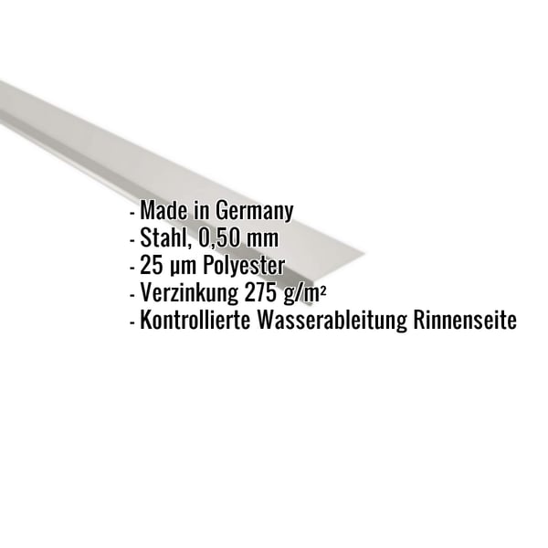 Traufenblech Weißaluminium 0,50 mm mit eingeblendeten Eckdaten zu Material, Staerke und Beschichtung