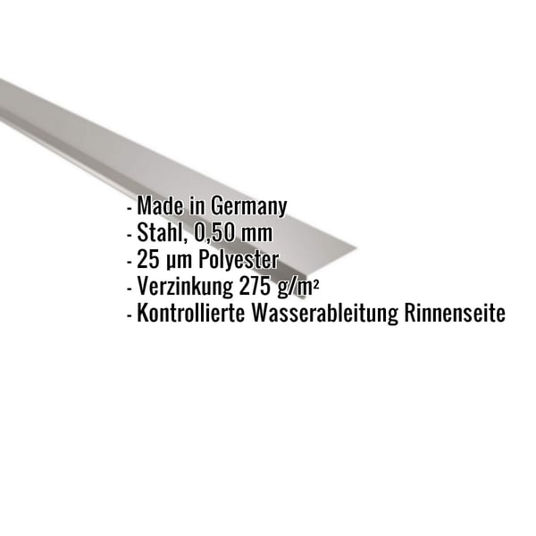 Traufenblech Graualuminium 0,50 mm, schraeg von oben mit eingeblendeten Eckdaten