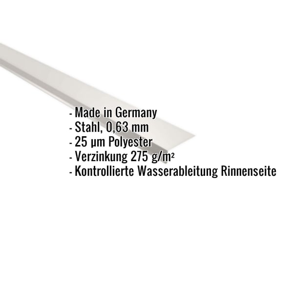Traufenblech Grauweiß RAL 9002 mit eingeblendeten Eckdaten zu Material, Stärke und Beschichtung