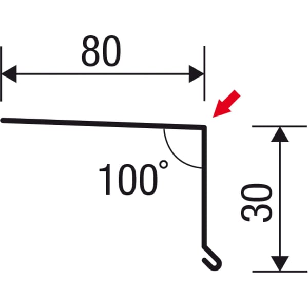 Technische Zeichnung des Traufenblechs mit 80 mm, 30 mm und 100 Grad Winkel